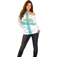 Kazakhstan National Symbols Off Shoulder Sweater with Tribal Animal Crest and Blue Ethnic Motif on White