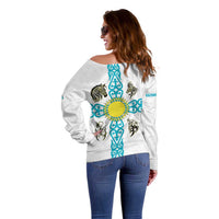 Kazakhstan National Symbols Off Shoulder Sweater with Tribal Animal Crest and Blue Ethnic Motif on White
