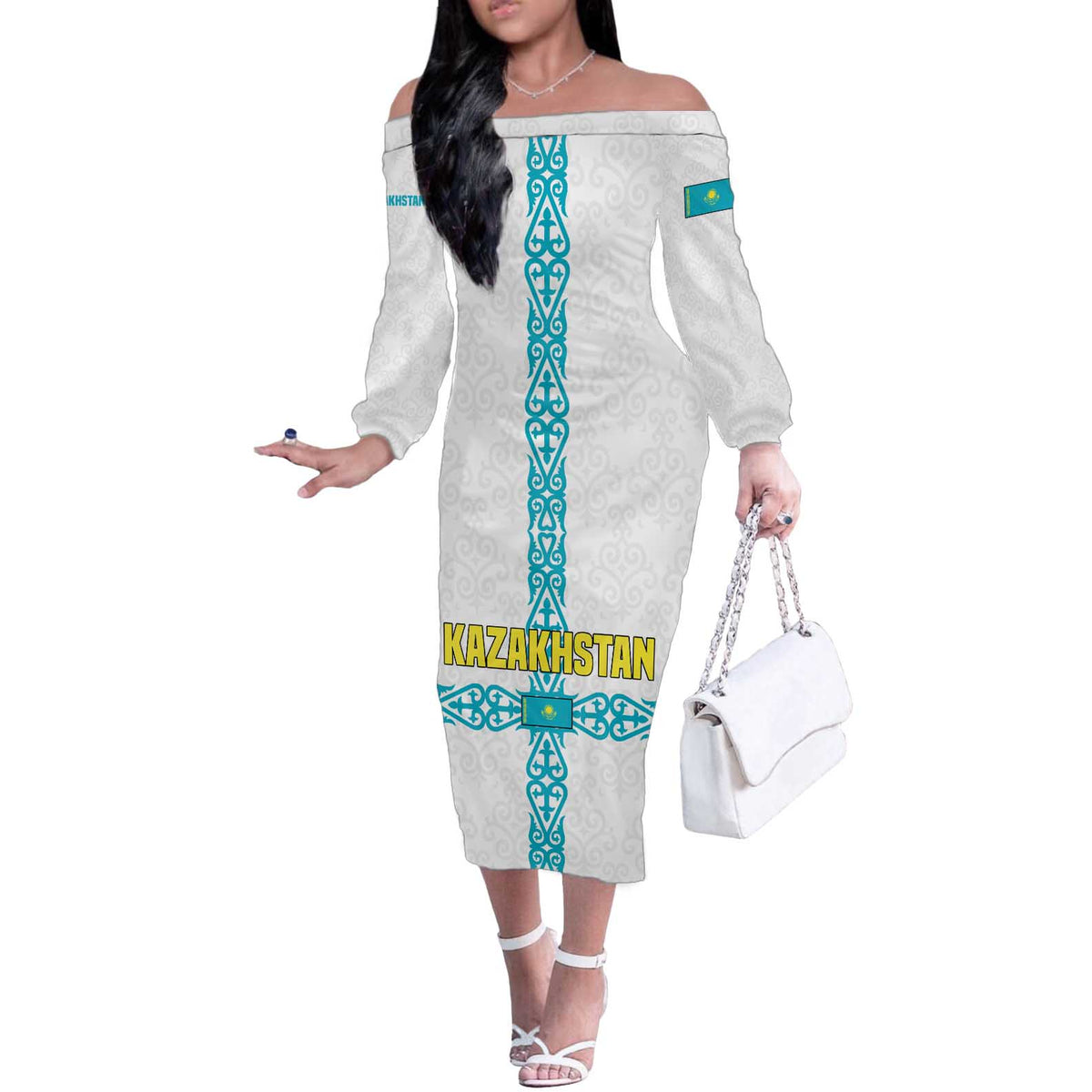 Kazakhstan National Symbols Off The Shoulder Long Sleeve Dress with Tribal Animal Crest and Blue Ethnic Motif on White