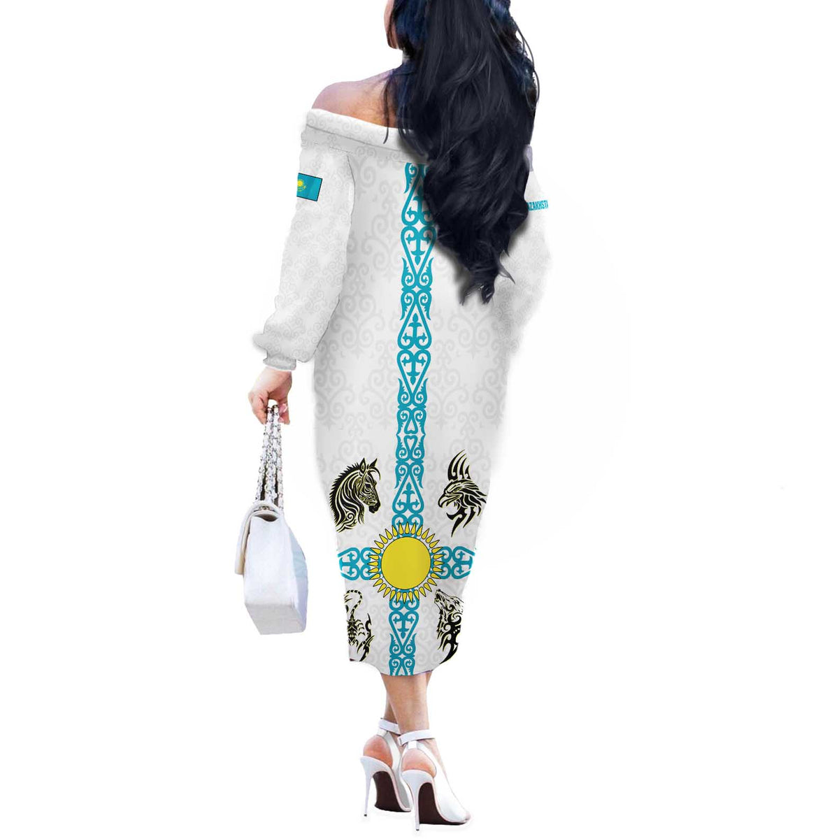 Kazakhstan National Symbols Off The Shoulder Long Sleeve Dress with Tribal Animal Crest and Blue Ethnic Motif on White