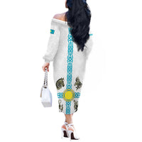 Kazakhstan National Symbols Off The Shoulder Long Sleeve Dress with Tribal Animal Crest and Blue Ethnic Motif on White
