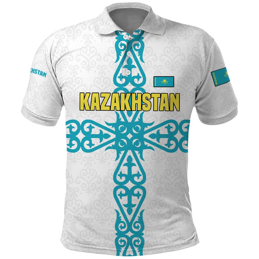 Kazakhstan National Symbols Polo Shirt with Tribal Animal Crest and Blue Ethnic Motif on White