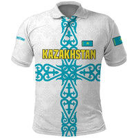 Kazakhstan National Symbols Polo Shirt with Tribal Animal Crest and Blue Ethnic Motif on White
