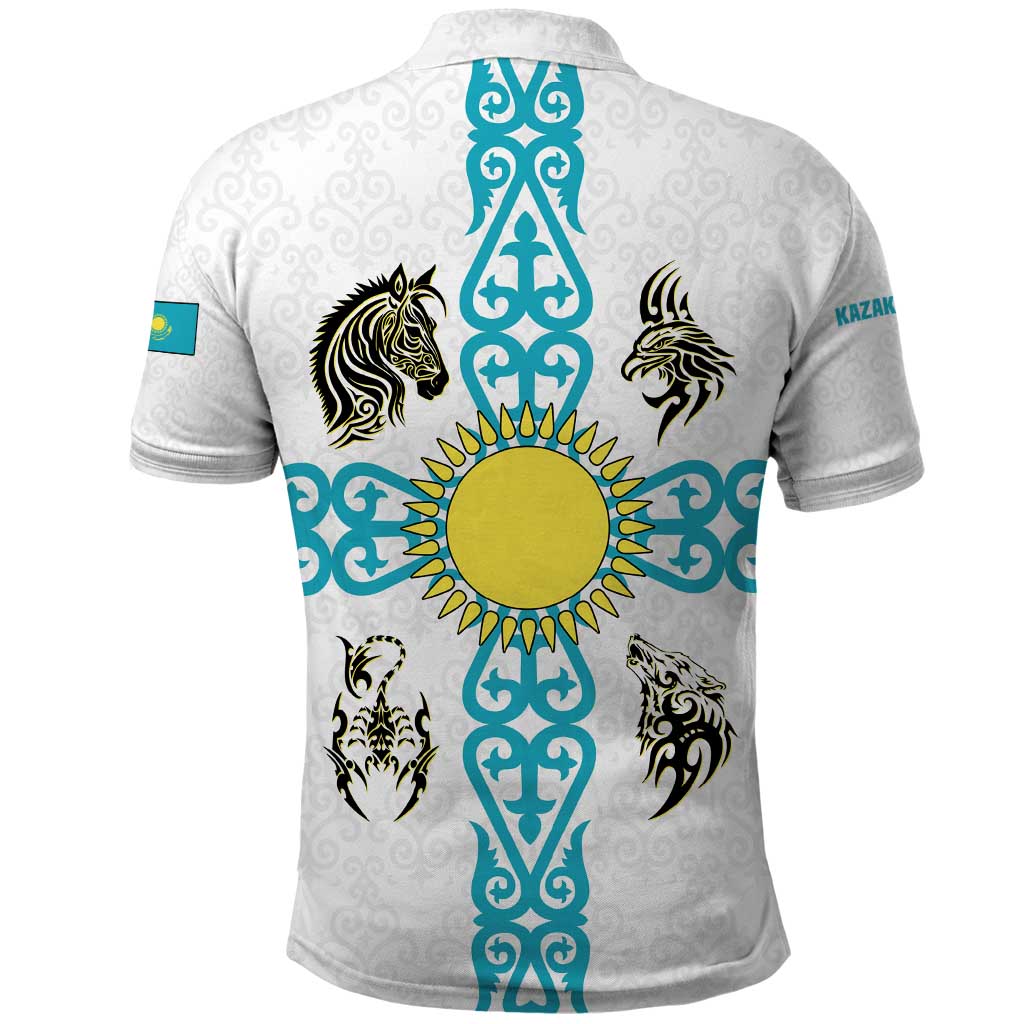 Kazakhstan National Symbols Polo Shirt with Tribal Animal Crest and Blue Ethnic Motif on White