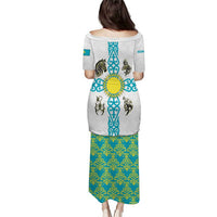 Kazakhstan National Symbols Puletasi with Tribal Animal Crest and Blue Ethnic Motif on White