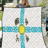 Kazakhstan National Symbols Quilt with Tribal Animal Crest and Blue Ethnic Motif on White