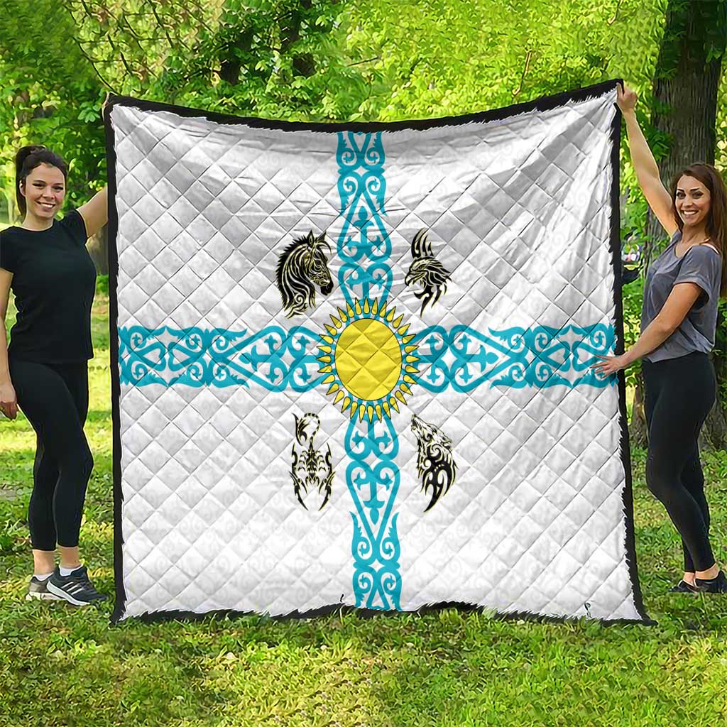 Kazakhstan National Symbols Quilt with Tribal Animal Crest and Blue Ethnic Motif on White