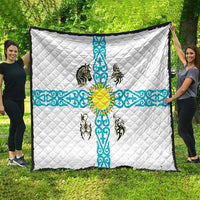 Kazakhstan National Symbols Quilt with Tribal Animal Crest and Blue Ethnic Motif on White