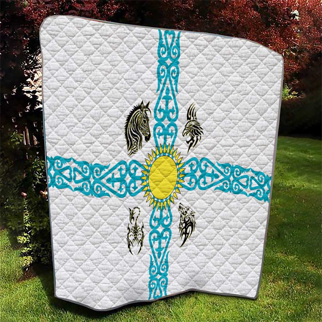 Kazakhstan National Symbols Quilt with Tribal Animal Crest and Blue Ethnic Motif on White