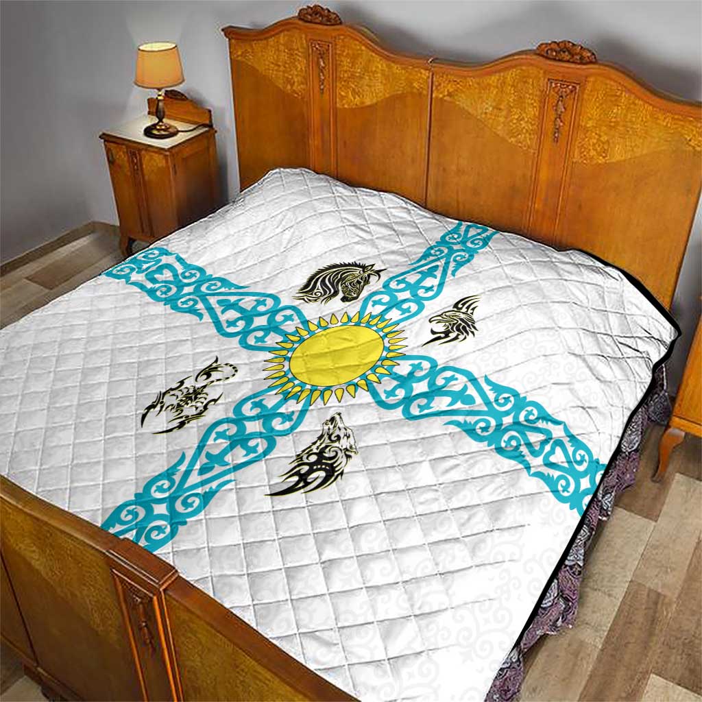 Kazakhstan National Symbols Quilt with Tribal Animal Crest and Blue Ethnic Motif on White
