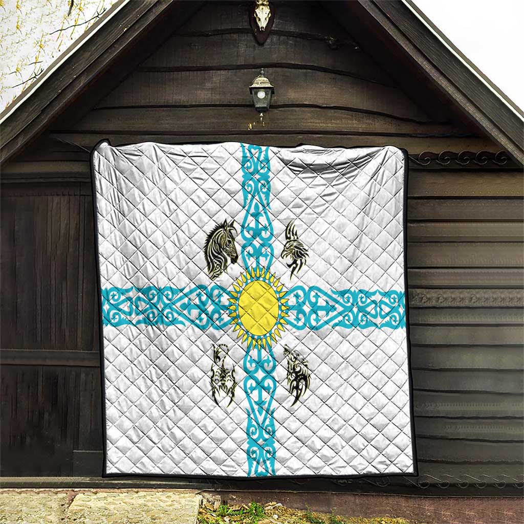 Kazakhstan National Symbols Quilt with Tribal Animal Crest and Blue Ethnic Motif on White