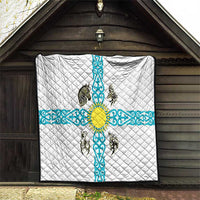 Kazakhstan National Symbols Quilt with Tribal Animal Crest and Blue Ethnic Motif on White