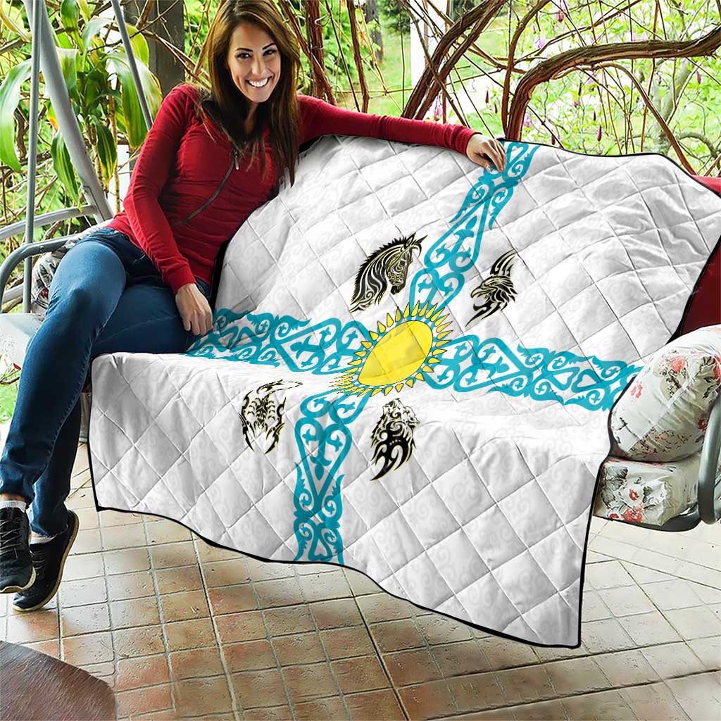 Kazakhstan National Symbols Quilt with Tribal Animal Crest and Blue Ethnic Motif on White