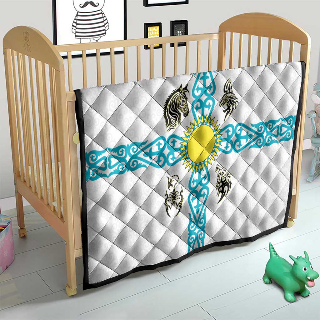 Kazakhstan National Symbols Quilt with Tribal Animal Crest and Blue Ethnic Motif on White