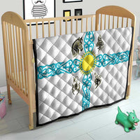Kazakhstan National Symbols Quilt with Tribal Animal Crest and Blue Ethnic Motif on White