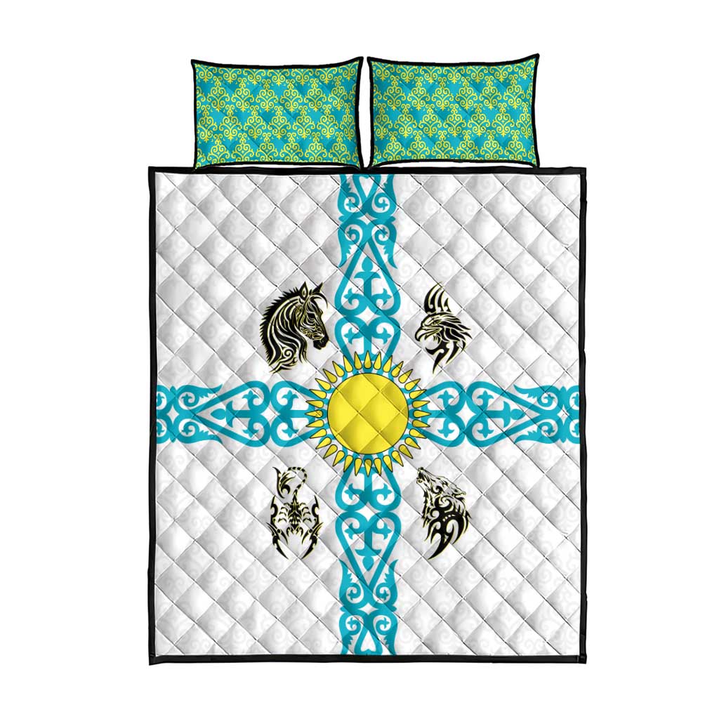 Kazakhstan National Symbols Quilt Bed Set with Tribal Animal Crest and Blue Ethnic Motif on White