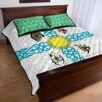 Kazakhstan National Symbols Quilt Bed Set with Tribal Animal Crest and Blue Ethnic Motif on White
