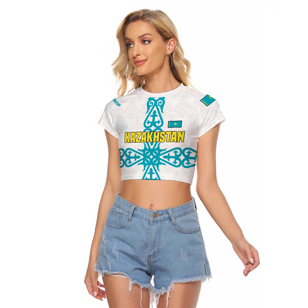 Kazakhstan National Symbols Raglan Cropped T Shirt with Tribal Animal Crest and Blue Ethnic Motif on White