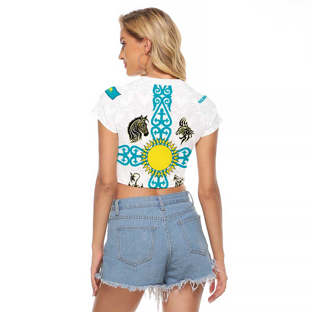 Kazakhstan National Symbols Raglan Cropped T Shirt with Tribal Animal Crest and Blue Ethnic Motif on White