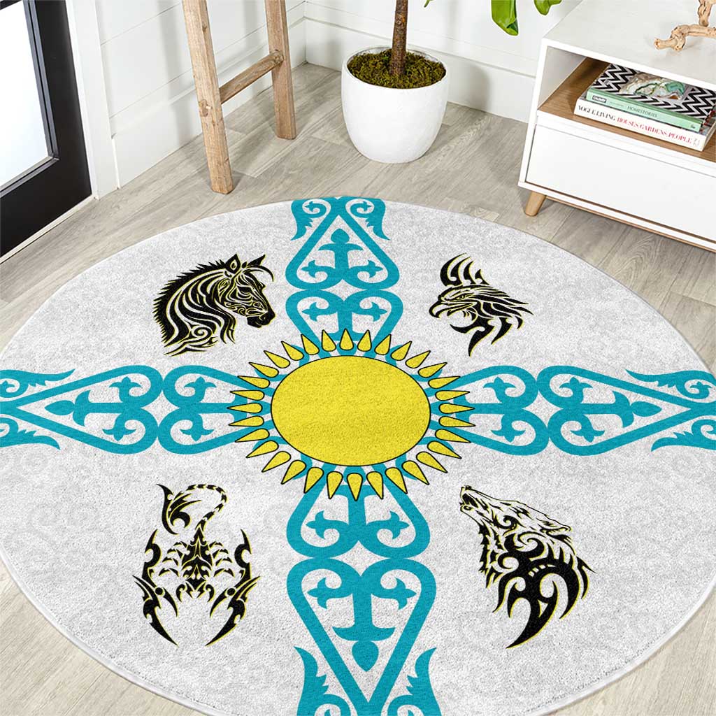 Kazakhstan National Symbols Round Carpet with Tribal Animal Crest and Blue Ethnic Motif on White
