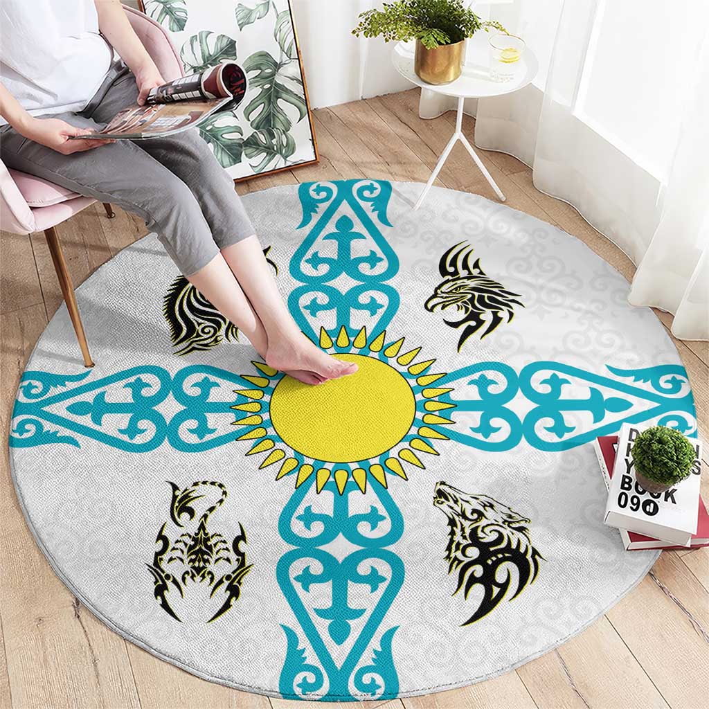 Kazakhstan National Symbols Round Carpet with Tribal Animal Crest and Blue Ethnic Motif on White