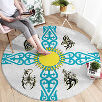 Kazakhstan National Symbols Round Carpet with Tribal Animal Crest and Blue Ethnic Motif on White