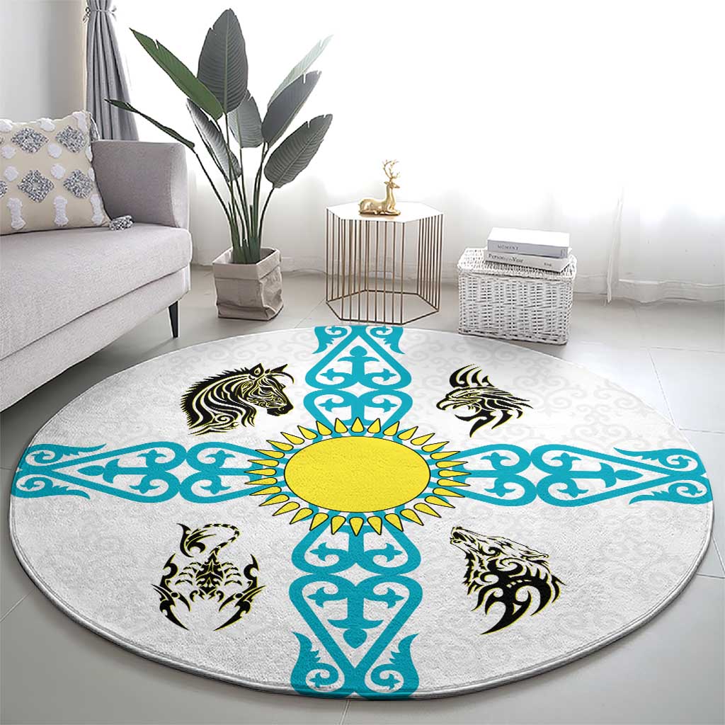 Kazakhstan National Symbols Round Carpet with Tribal Animal Crest and Blue Ethnic Motif on White