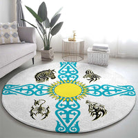 Kazakhstan National Symbols Round Carpet with Tribal Animal Crest and Blue Ethnic Motif on White