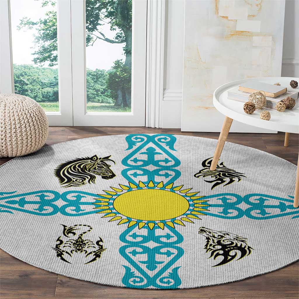 Kazakhstan National Symbols Round Carpet with Tribal Animal Crest and Blue Ethnic Motif on White