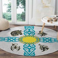 Kazakhstan National Symbols Round Carpet with Tribal Animal Crest and Blue Ethnic Motif on White