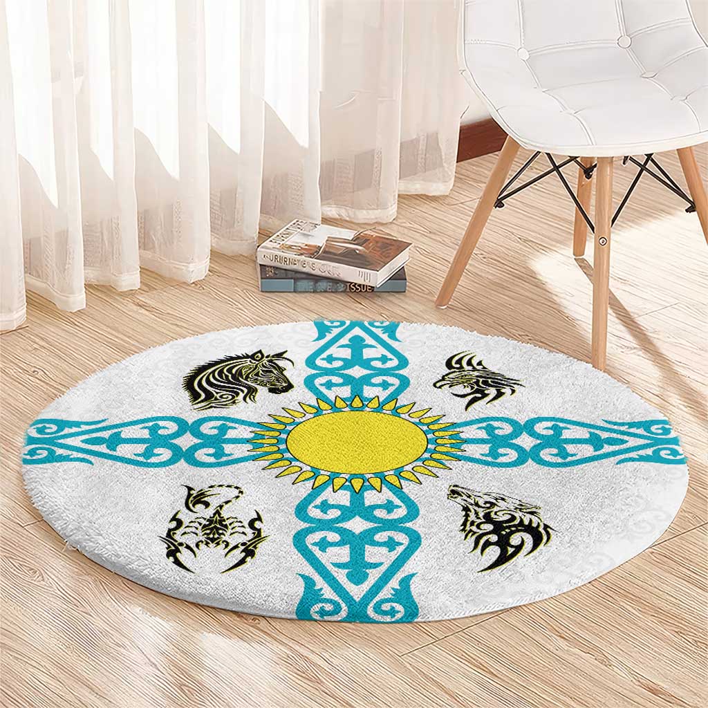 Kazakhstan National Symbols Round Carpet with Tribal Animal Crest and Blue Ethnic Motif on White