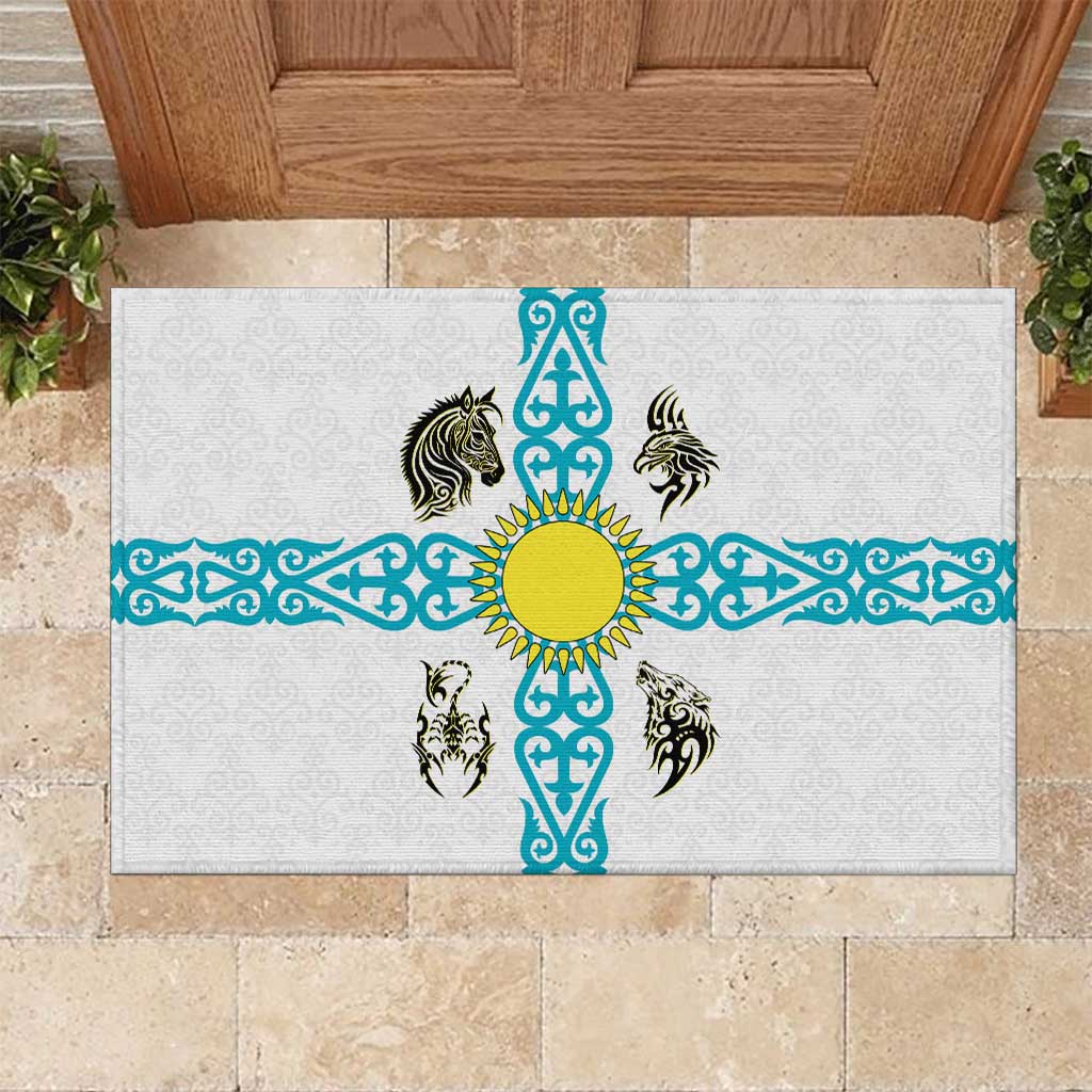 Kazakhstan National Symbols Rubber Doormat with Tribal Animal Crest and Blue Ethnic Motif on White