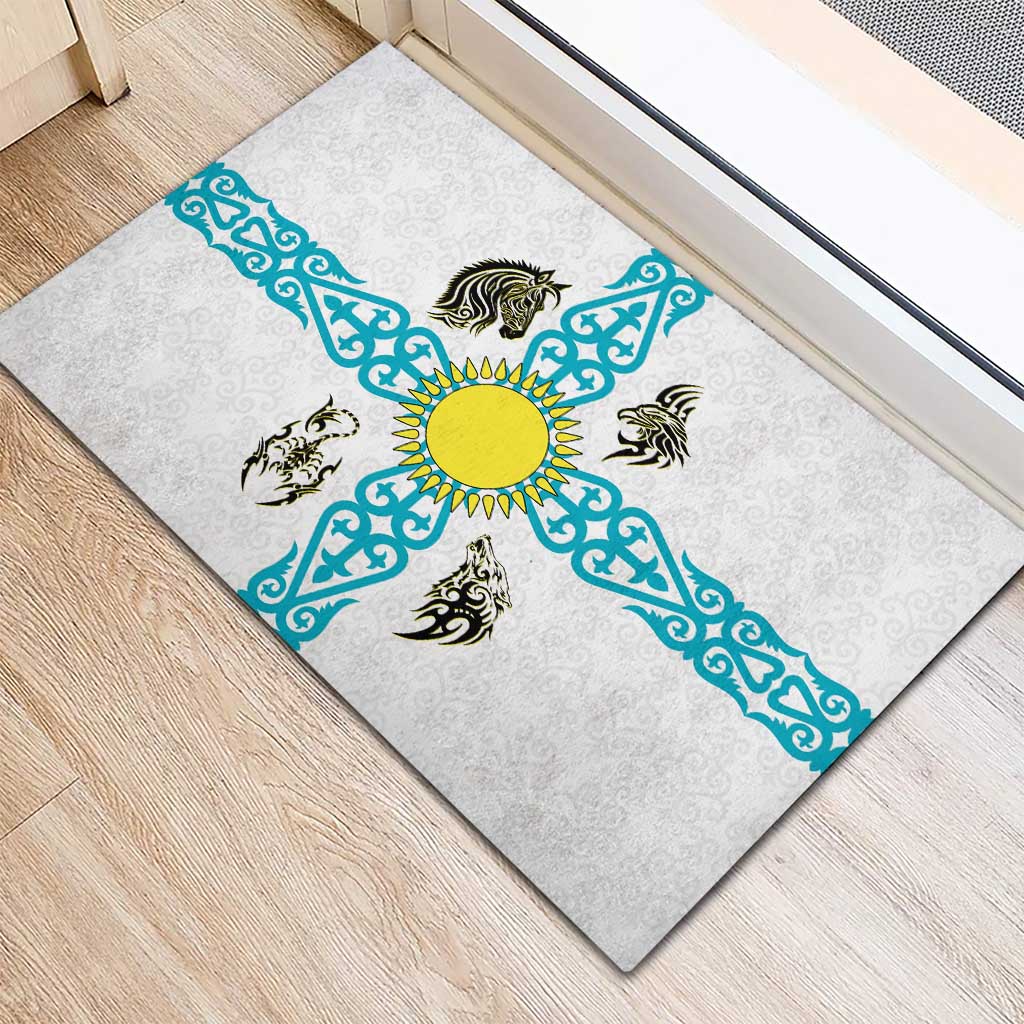 Kazakhstan National Symbols Rubber Doormat with Tribal Animal Crest and Blue Ethnic Motif on White
