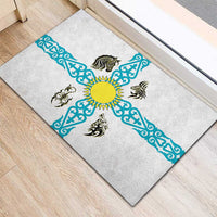 Kazakhstan National Symbols Rubber Doormat with Tribal Animal Crest and Blue Ethnic Motif on White