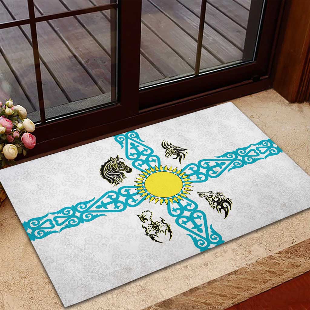 Kazakhstan National Symbols Rubber Doormat with Tribal Animal Crest and Blue Ethnic Motif on White