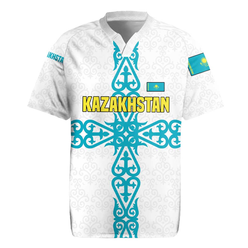 Kazakhstan National Symbols Rugby Jersey with Tribal Animal Crest and Blue Ethnic Motif on White