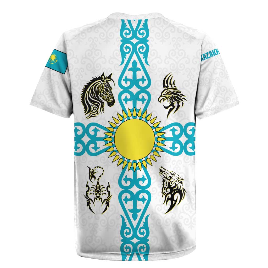 Kazakhstan National Symbols Rugby Jersey with Tribal Animal Crest and Blue Ethnic Motif on White