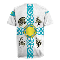 Kazakhstan National Symbols Rugby Jersey with Tribal Animal Crest and Blue Ethnic Motif on White