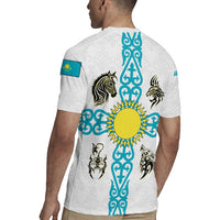 Kazakhstan National Symbols Rugby Jersey with Tribal Animal Crest and Blue Ethnic Motif on White