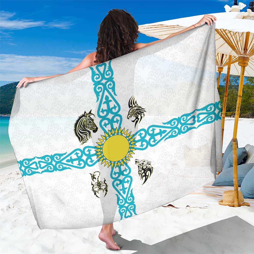 Kazakhstan National Symbols Sarong with Tribal Animal Crest and Blue Ethnic Motif on White