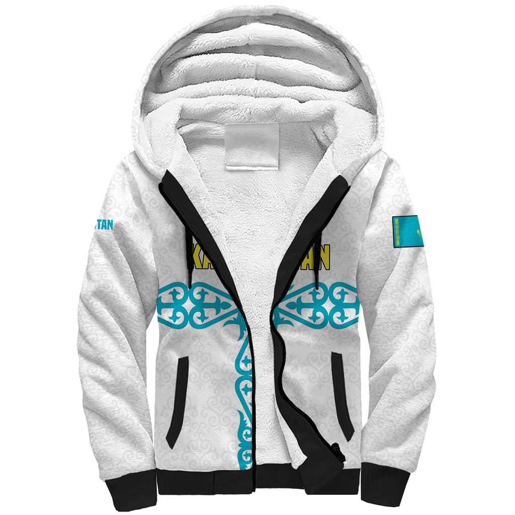 Kazakhstan National Symbols Sherpa Hoodie with Tribal Animal Crest and Blue Ethnic Motif on White