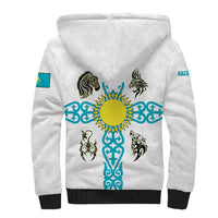 Kazakhstan National Symbols Sherpa Hoodie with Tribal Animal Crest and Blue Ethnic Motif on White