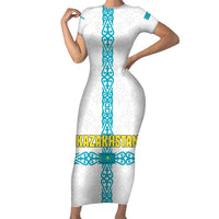 Kazakhstan National Symbols Short Sleeve Bodycon Dress with Tribal Animal Crest and Blue Ethnic Motif on White