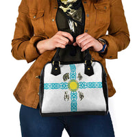 Kazakhstan National Symbols Shoulder Handbag with Tribal Animal Crest and Blue Ethnic Motif on White