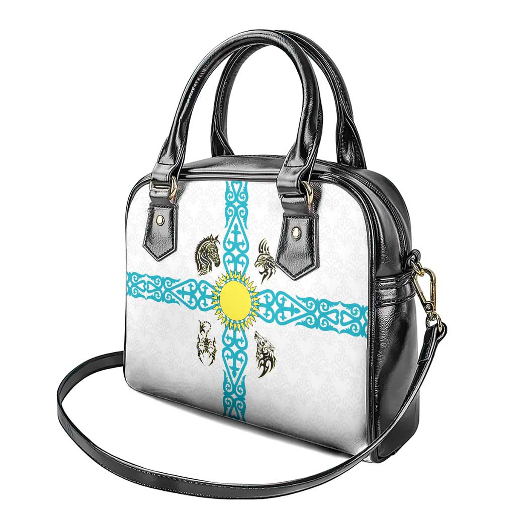 Kazakhstan National Symbols Shoulder Handbag with Tribal Animal Crest and Blue Ethnic Motif on White