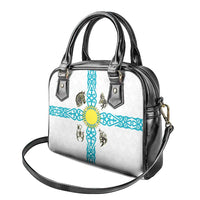 Kazakhstan National Symbols Shoulder Handbag with Tribal Animal Crest and Blue Ethnic Motif on White