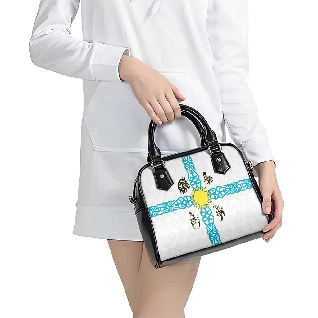 Kazakhstan National Symbols Shoulder Handbag with Tribal Animal Crest and Blue Ethnic Motif on White