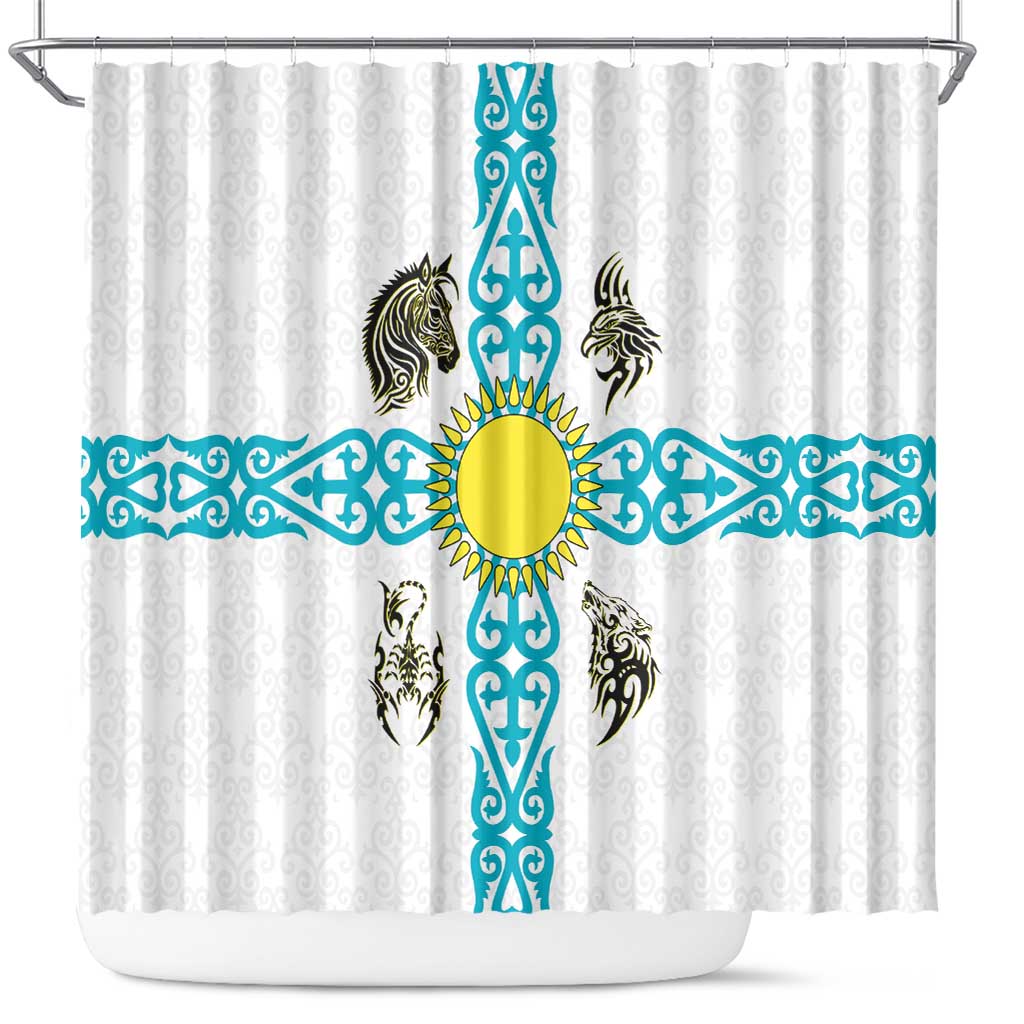 Kazakhstan National Symbols Shower Curtain with Tribal Animal Crest and Blue Ethnic Motif on White