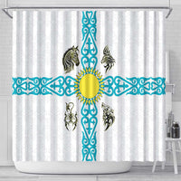 Kazakhstan National Symbols Shower Curtain with Tribal Animal Crest and Blue Ethnic Motif on White