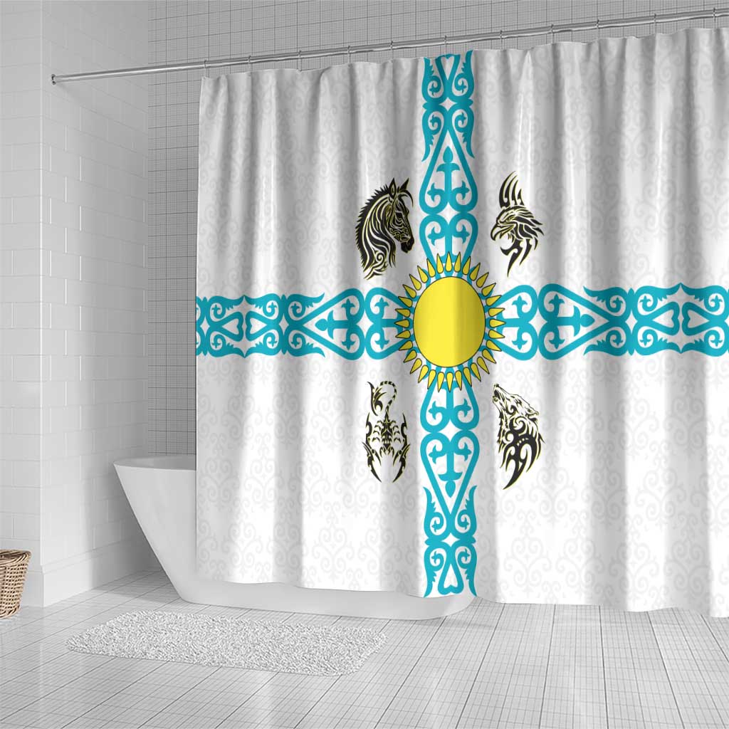Kazakhstan National Symbols Shower Curtain with Tribal Animal Crest and Blue Ethnic Motif on White
